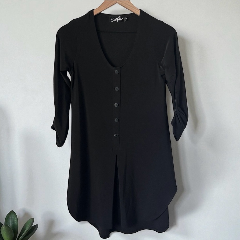 Sympli Black Jersey Knit 3/4 Sleeve Button Tunic Top Sz 2